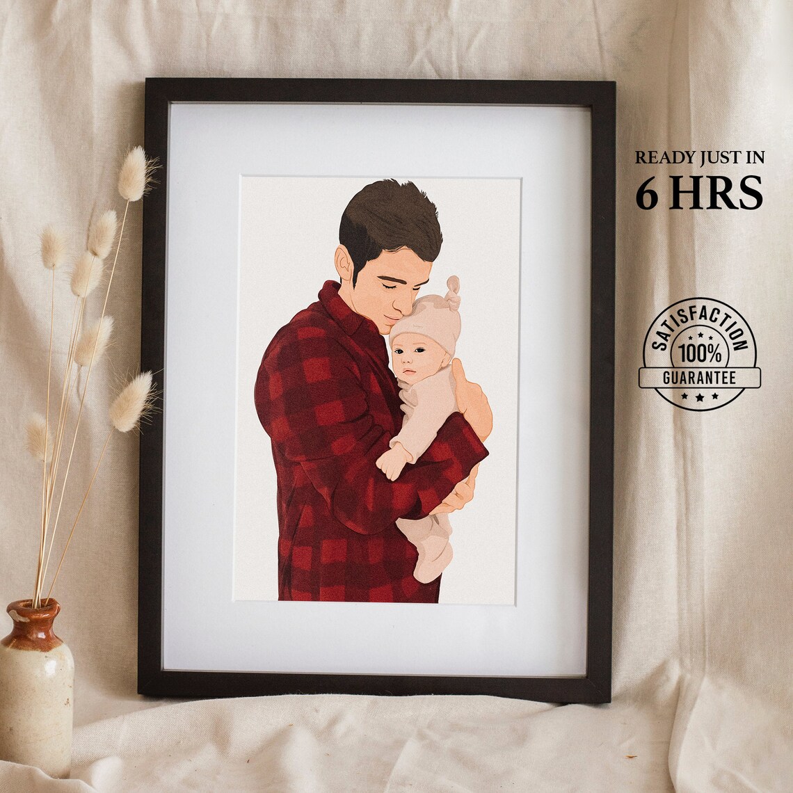 Loving Tender Dad in Red Plaid Shirt Cradling Newborn Poster