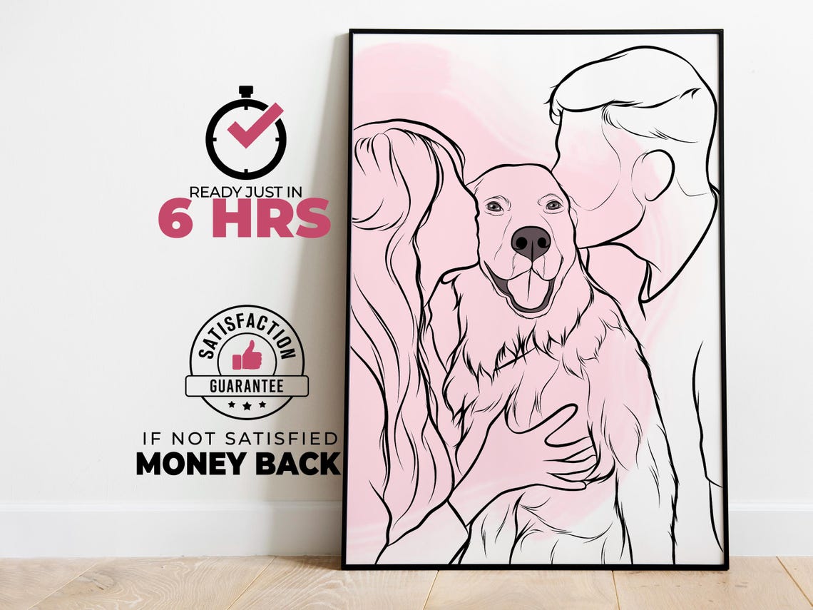 Custom Line Art Couple and Dog Portrait in Soft Pink Wash Poster