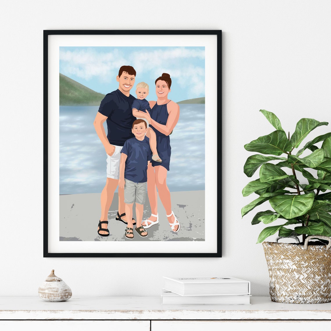 Family of Four at the Beach Flat Color Illustration Portrait Poster