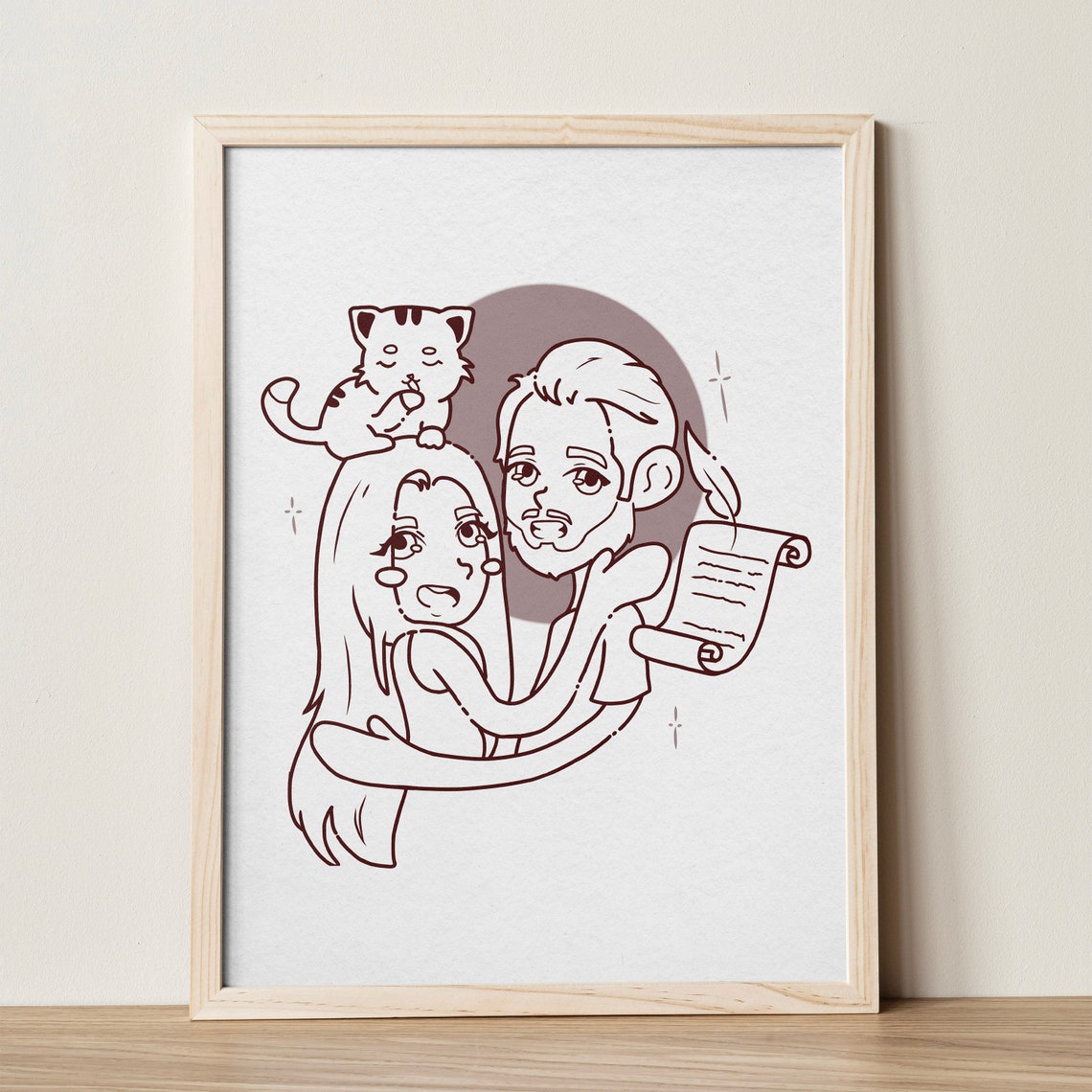 Whimsical Line Art Couple Portrait with Cat and Love Scroll Poster