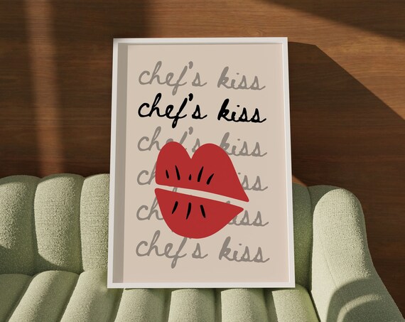 Chef's Kiss Red Lips Retro Typography Beige Kitchen Wall Poster