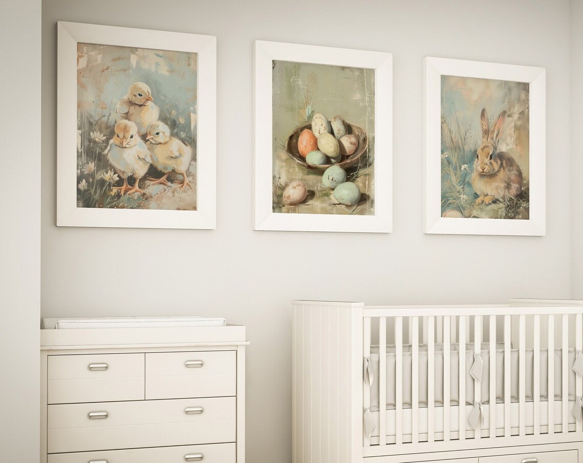 Vintage Muted Easter Paintings, Bunny Chicks Eggs - Image 3