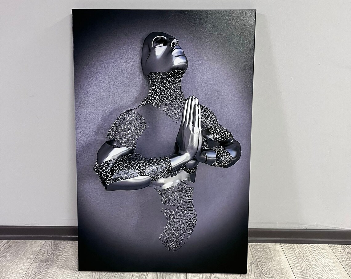 Black Chrome Praying Man Meditation 3D Modern Sculpture Poster - Image 3