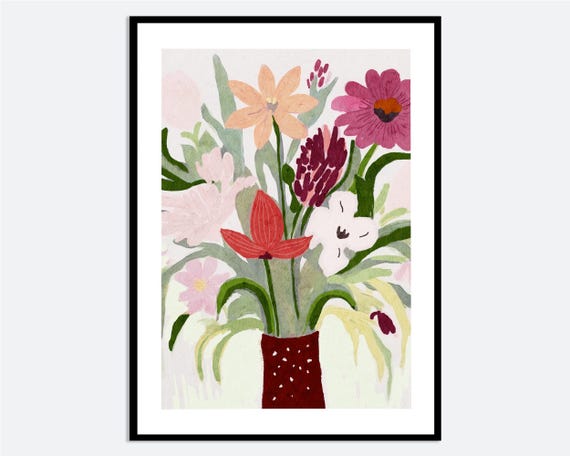 Pink Red Flower Bouquet Wall Art Print Contemporary Modern Hand Drawn Botanical Illustration Colorful Spring Floral Poster Ma21