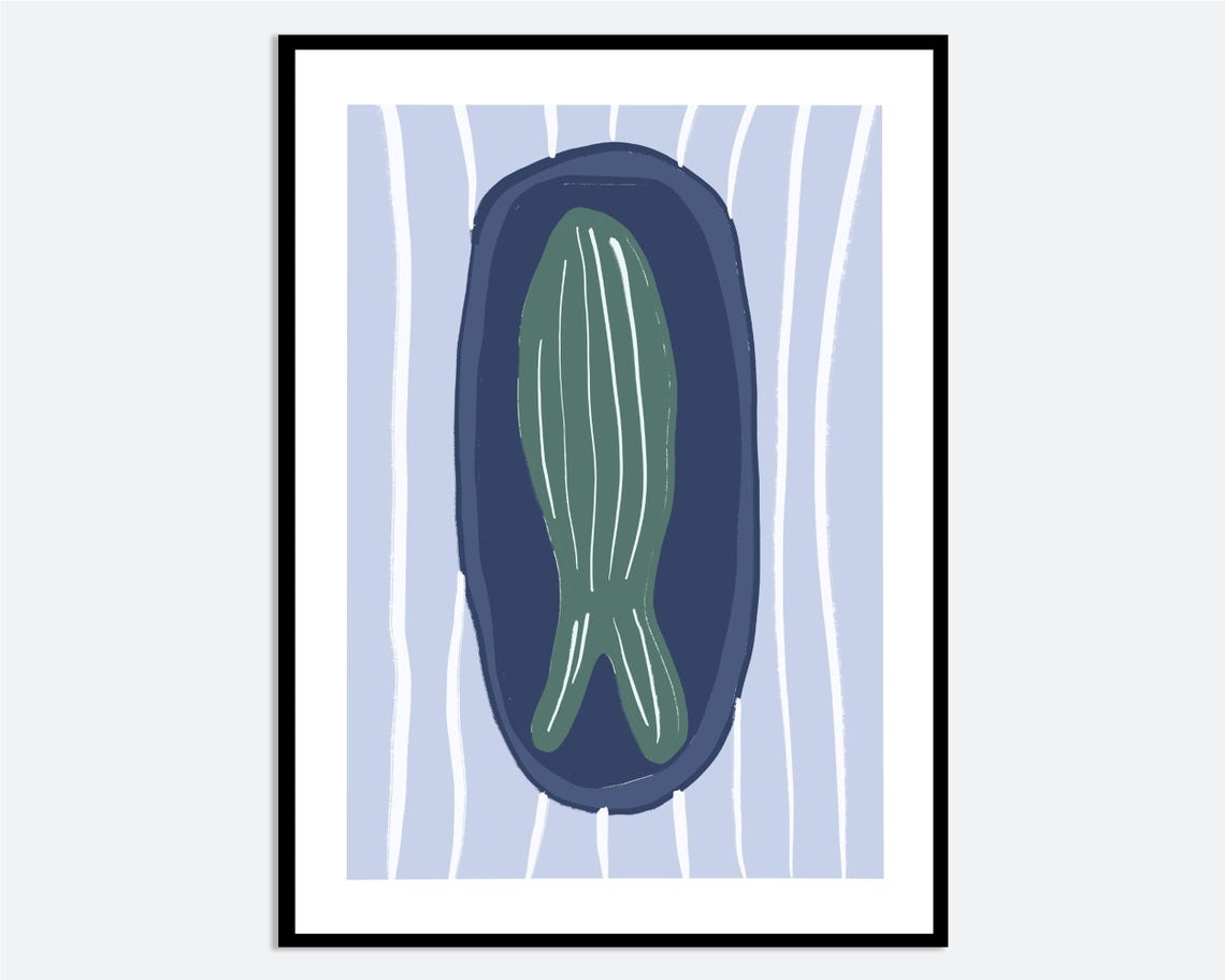 Green Fish Navy Plate Modern Blue Hand Drawn Kitchen Art Print