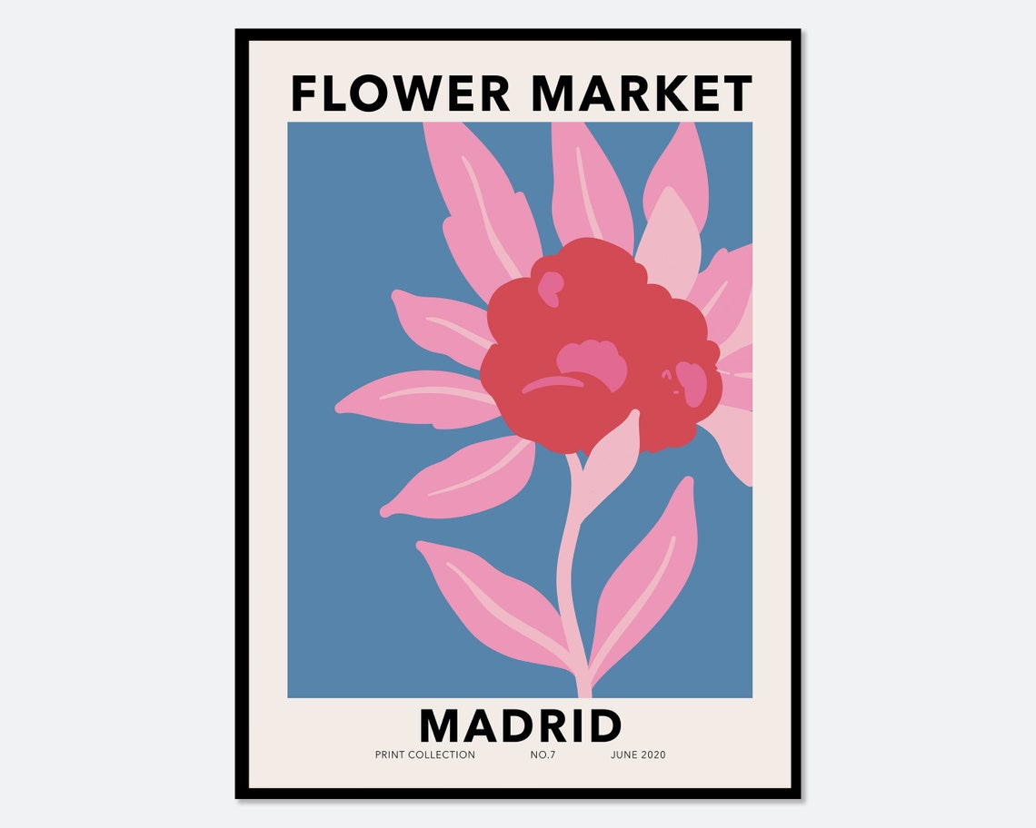 Flower Market Madrid Pink Bloom Blue Background Botanical Poster