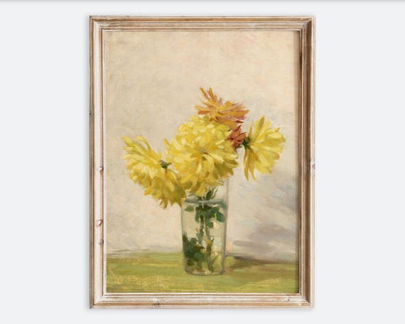 Vintage Bouquet Of Yellow Flowers In Vase Still Life Wall Art Print Colorful Rustic Floral Painting Antique Moody Farmhouse Poster Vp385