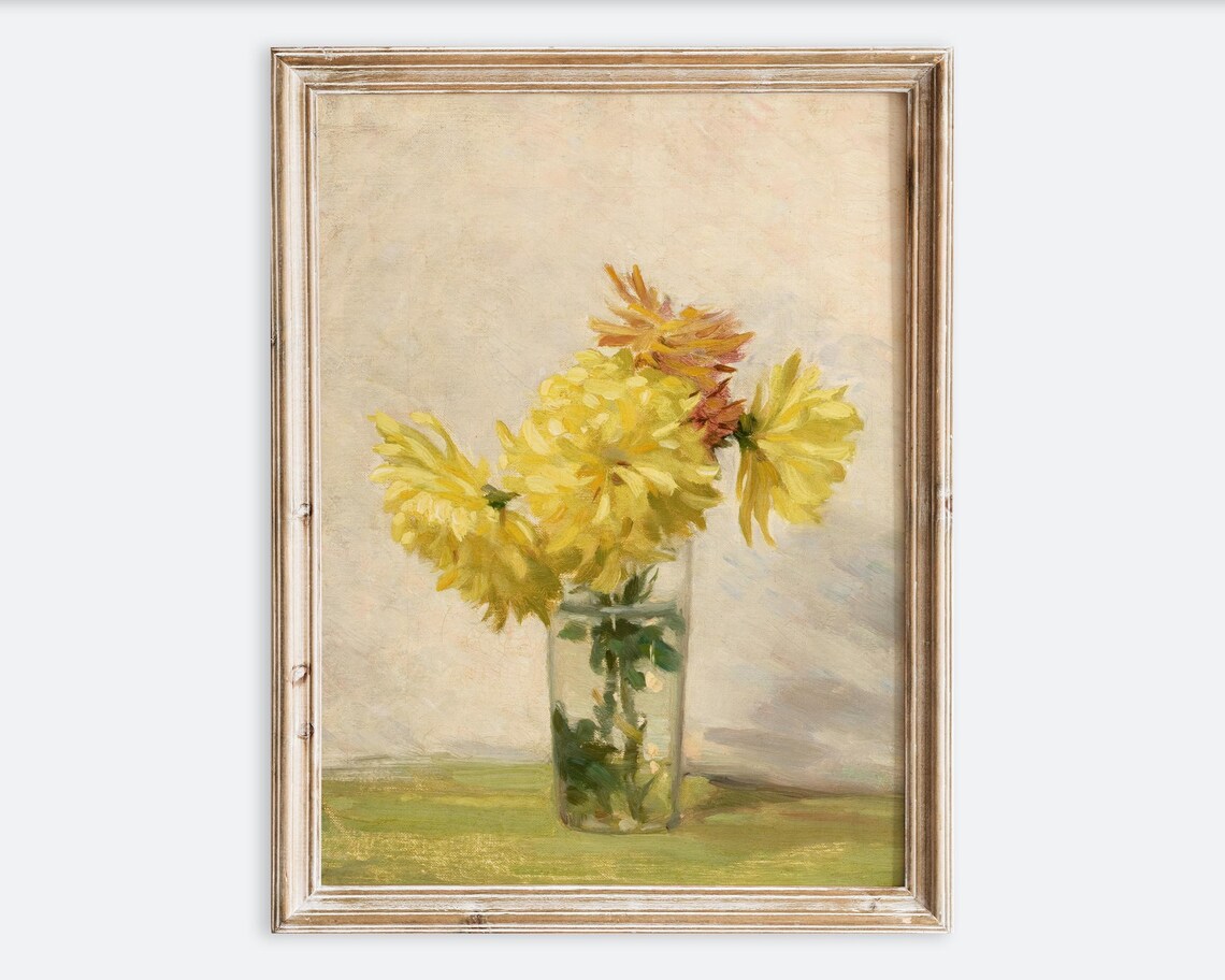Vintage Yellow Chrysanthemums Glass Vase Still Life Painting Poster