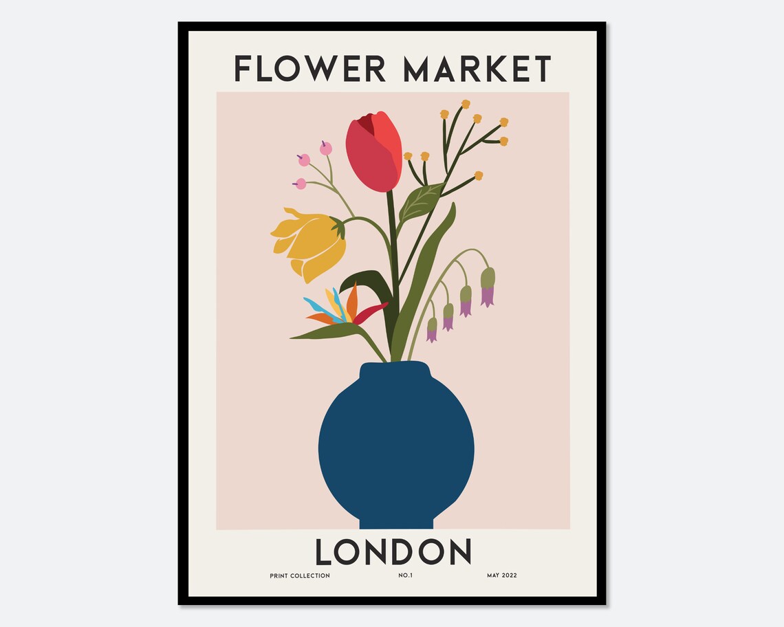 Flower Market London Tulip Bouquet Blue Vase Retro Art Poster