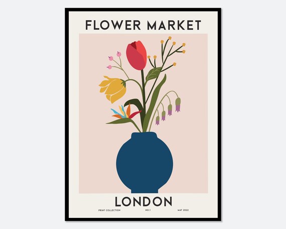 Flower Market London Tulip Bouquet Blue Vase Retro Art Poster