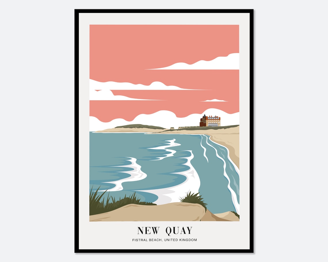 New Quay Fistral Beach United Kingdom Pink Sky Coastal Surf Art Poster
