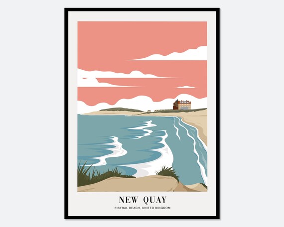 New Quay Fistral Beach United Kingdom Pink Sky Coastal Surf Art Poster