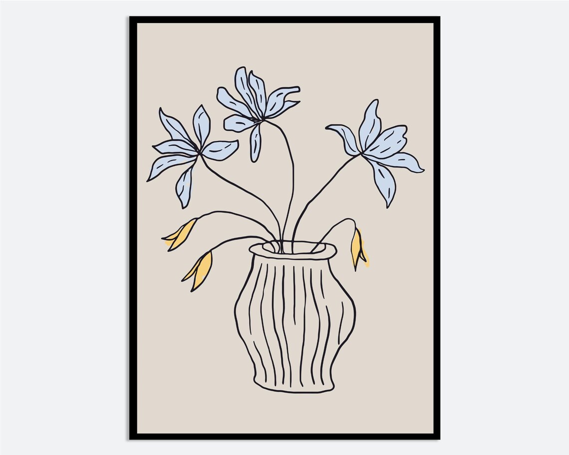 Blue Yellow Wildflowers Line Vase Modern Floral Botanical Print