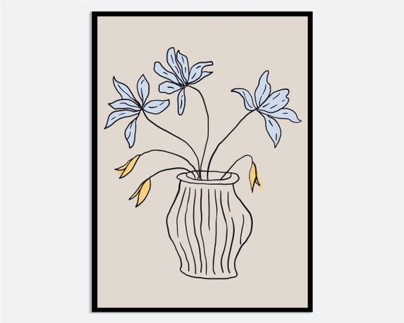 Blue And Yellow Vase Flower Wall Art Print Hand Drawn Spring Summer Illustration Contemporary Modern Floral Line Poster Ma85