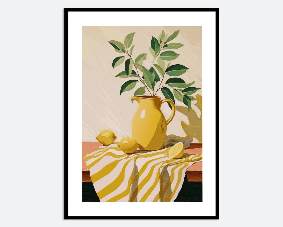 Yellow Vase Lemons Kitchen Still Life Painting Decor Wall Art