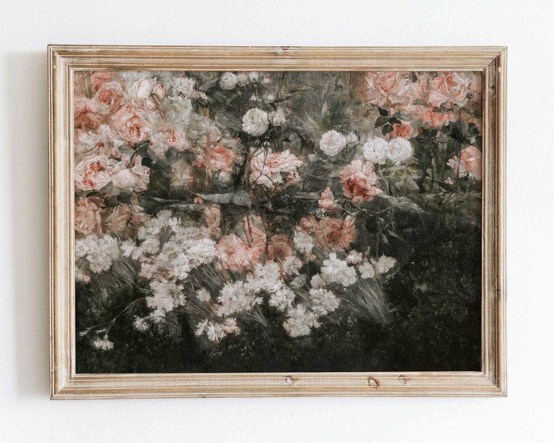 European Vintage Pink Rose Bush Garden Flowers Still Life Wall Art Print Rustic Dark Oil Painting Antique Moody Farmhouse Poster Vp59