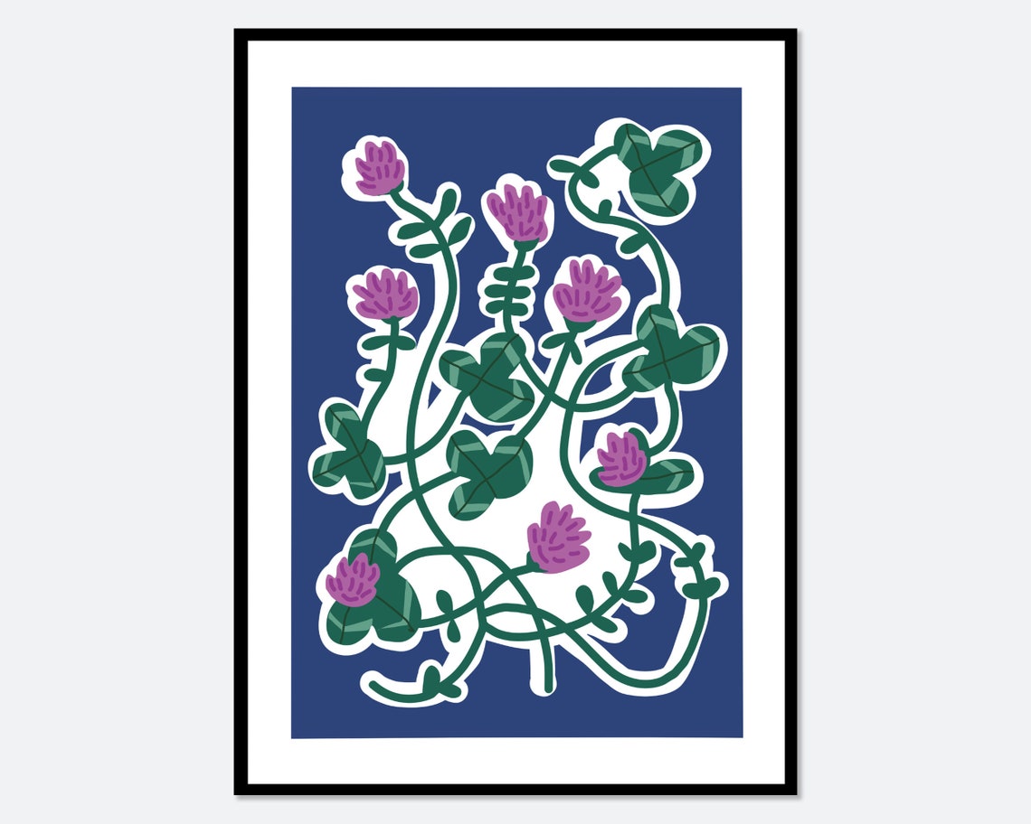 Purple Clover Blossoms on Deep Navy Abstract Botanical Wall Art