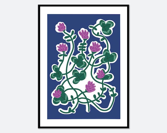 Purple Clover Blossoms on Deep Navy Abstract Botanical Wall Art