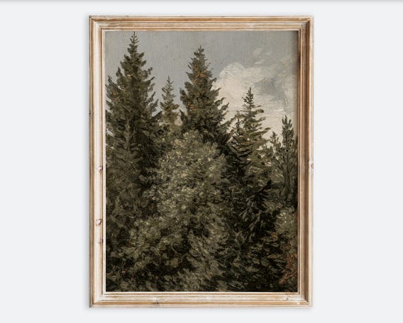 Vintage European Fir Trees Rustic Oil Painting Wall Art Print Dark Moody Forest Landscape Warm Toned Farmhouse Antique Poster Vp205