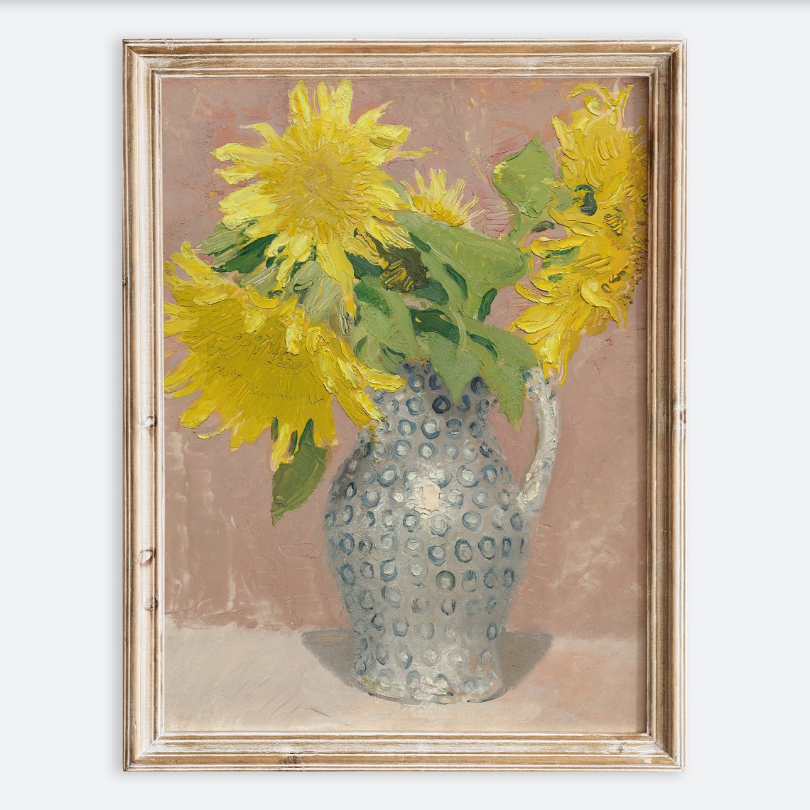 European Vintage Yellow Sunflowers In Vase Still Life Wall Art Print Rustic Antique Oil Painting Moody Neutral Farmhouse Poster Vp144