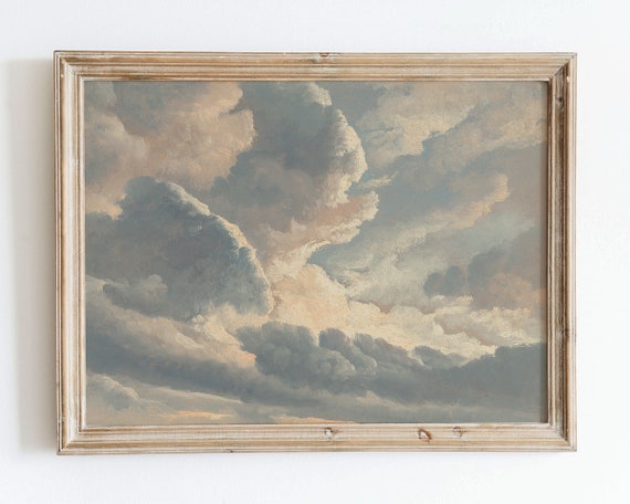 Rustic Vintage European Neutral Cloud Sky Oil Painting Art Print Neutral Muted Landscape Poster Country Style Antique Moody Farmhouse Vp27