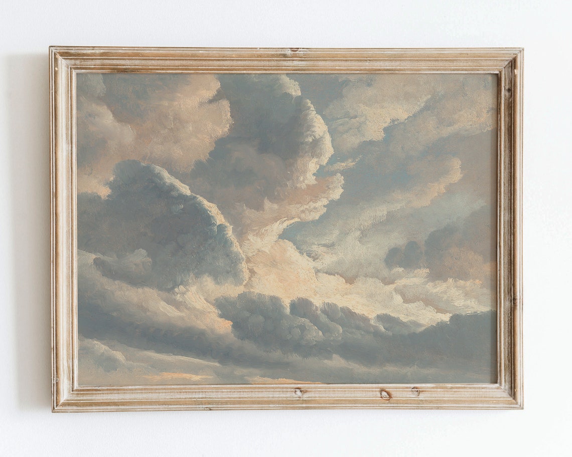 Rustic Vintage European Neutral Cloud Sky Oil Painting Art Print Neutral Muted Landscape Poster Country Style Antique Moody Farmhouse Vp27