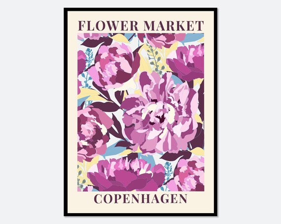 Flower Market Copenhagen Bold Pink Peony Floral Vintage Art Poster