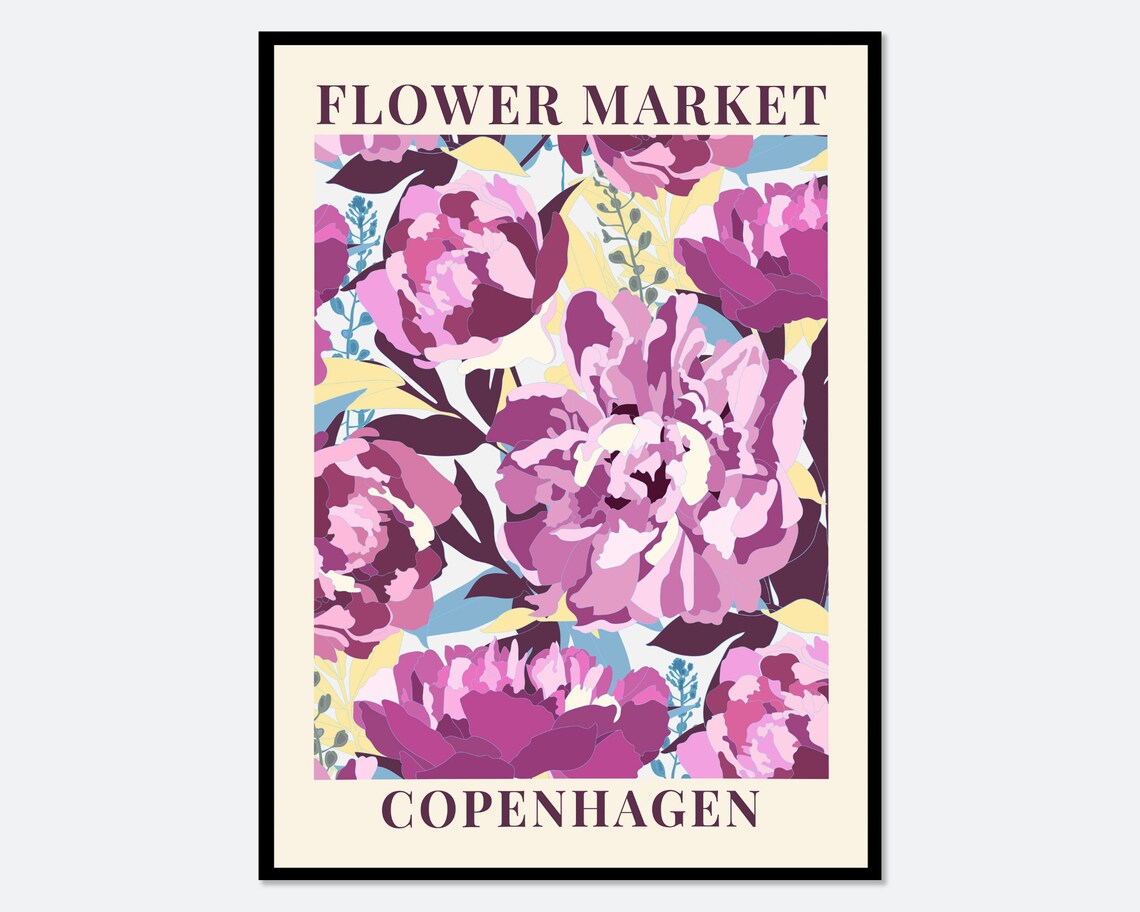 Flower Market Copenhagen Bold Pink Peony Floral Vintage Art Poster