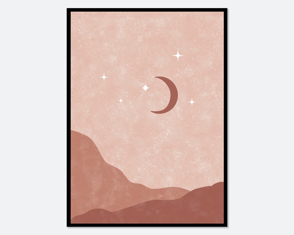 Terracotta Crescent Moon and Stars Over Desert Hills Art Poster