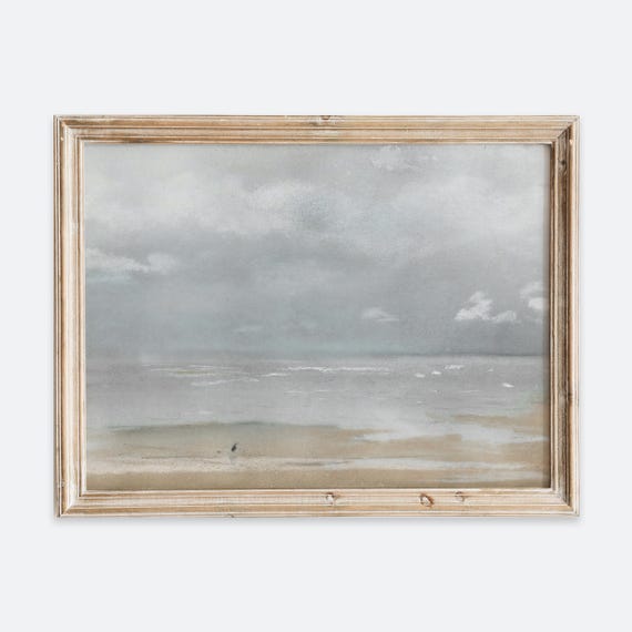 Vintage European Rustic Beach At Low Tide Coastal Ocean Muted Painting Art Print Landscape Sea Poster Mute Antique Moody Farmhouse Vp169