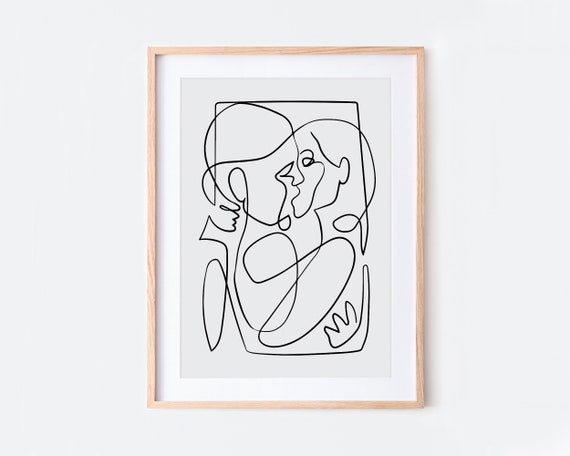 Couple Kissing Continuous Line Art, Minimalist Poster