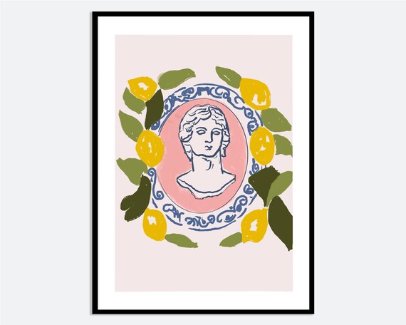 Greek Bust Cameo With Lemons Mediterranean Citrus Botanical Wall Art