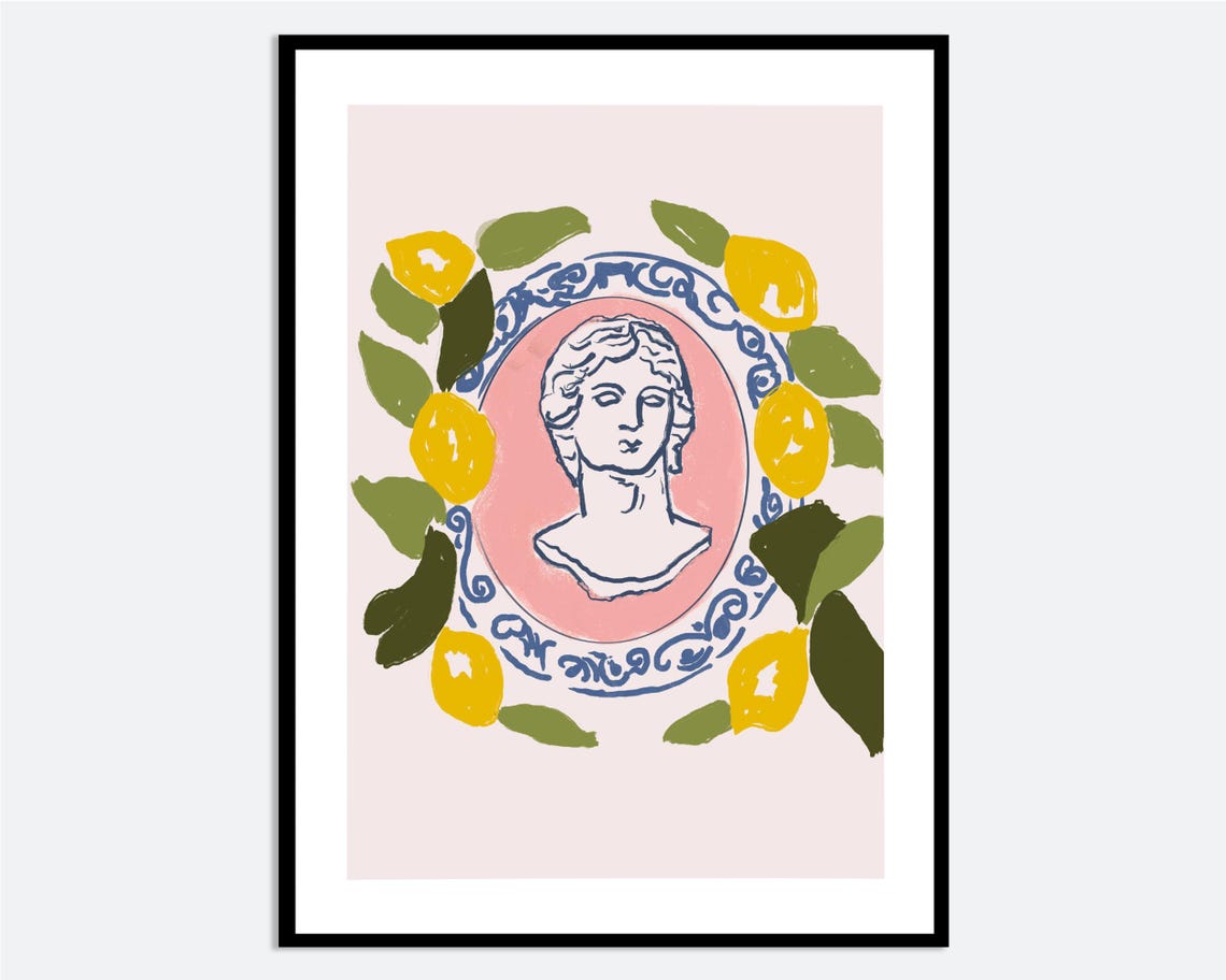 Greek Bust Cameo With Lemons Mediterranean Citrus Botanical Wall Art