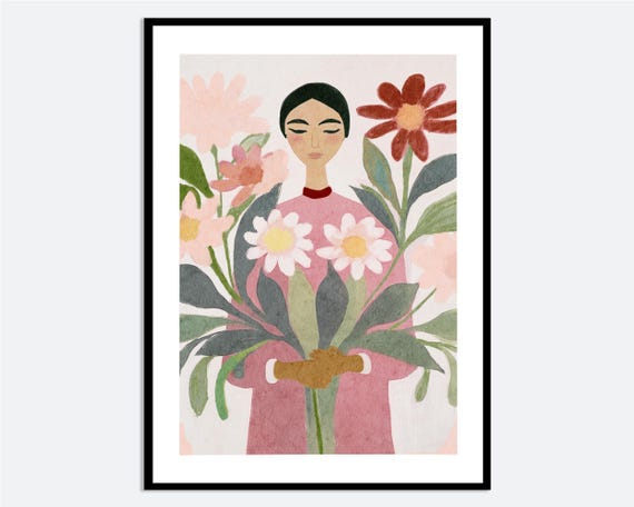 Woman Holding Flowers Wall Art Print Contemporary Hand Drawn Watercolor Illustration Pink Green Floral Spring Poster Ma38