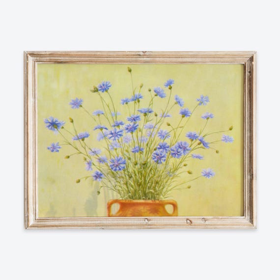 Vintage Cornflower Still Life Wall Art Print Antique Floral Vase Painting Rustic Botanical Flower Poster Colorful Farmhouse Decor Vp316