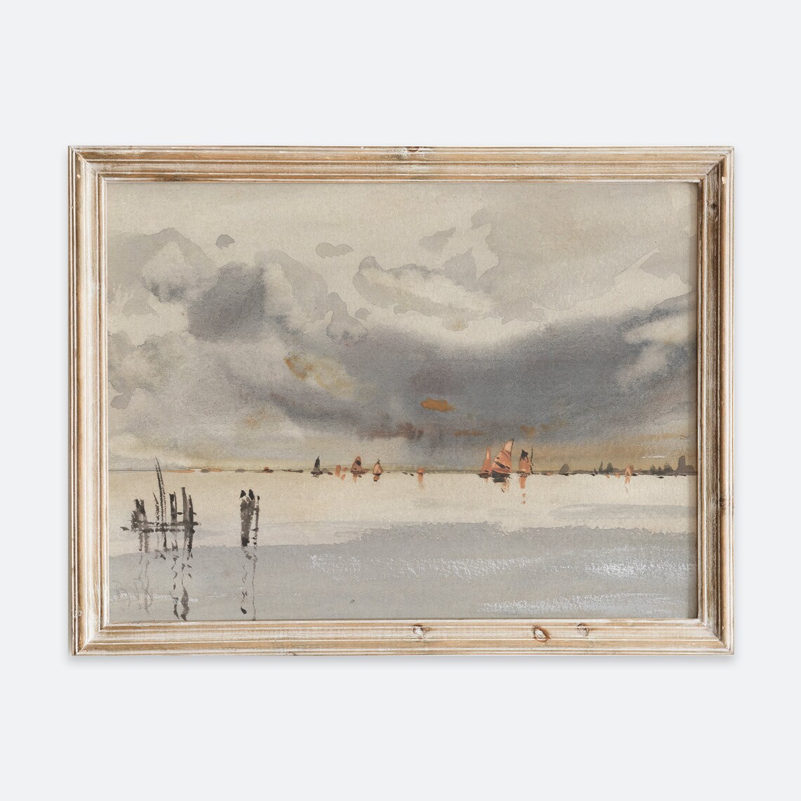Rustic Vintage European Evening On The Lagoon Coastal Landscape Art Print Neutral Lake With Boats Poster Antique Moody Farmhouse Vp121