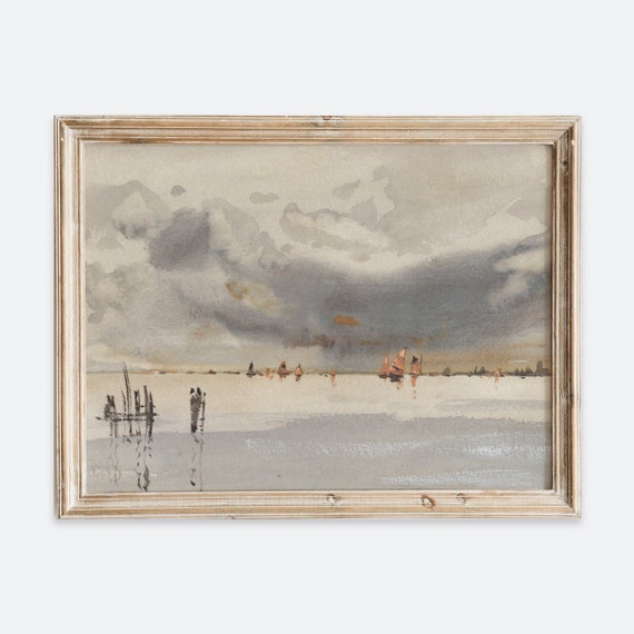 Rustic Vintage European Evening On The Lagoon Coastal Landscape Art Print Neutral Lake With Boats Poster Antique Moody Farmhouse Vp121
