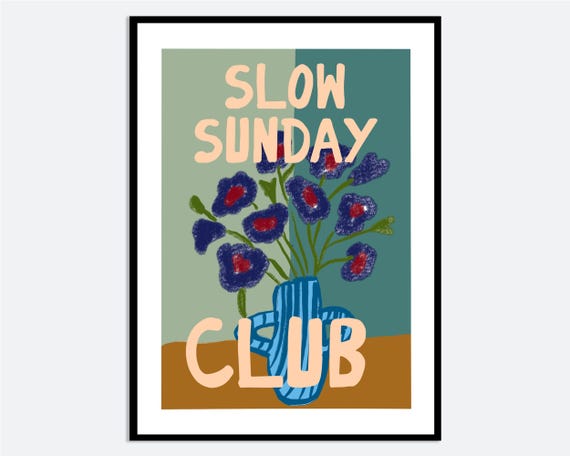 Bold Purple Flowers In Blue Vase Wall Art Print Hand Drawn Spring Summer Floral Illustration Contemporary Modern Poster Ma94
