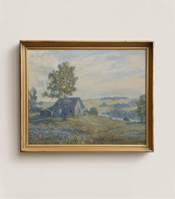 Vintage Countryside Landscape Painting Rustic Country Hills And Sky Art Scenic Antique Art