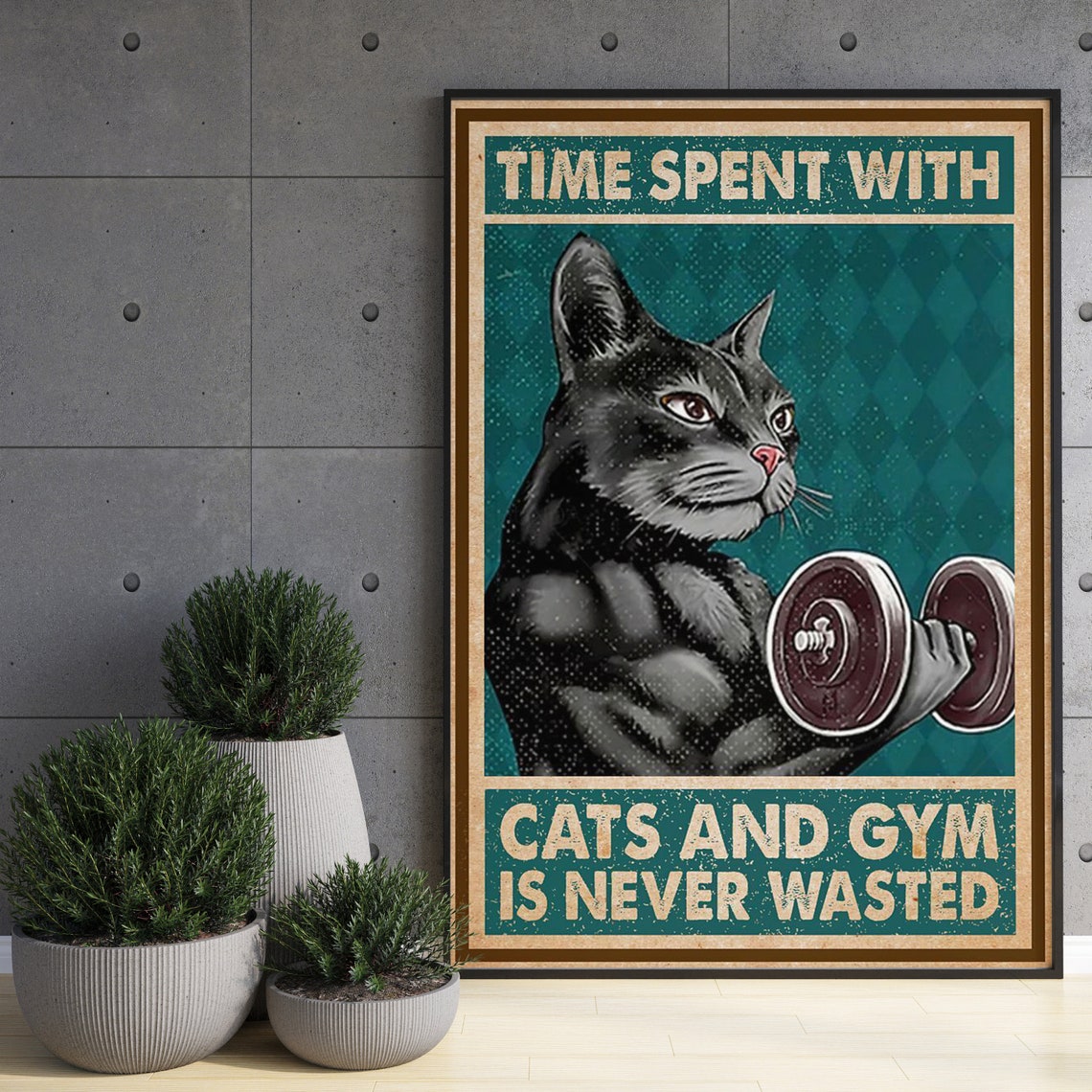 Muscular Cat Lifting Dumbbell Cats And Gym Time Vintage Poster - Image 3
