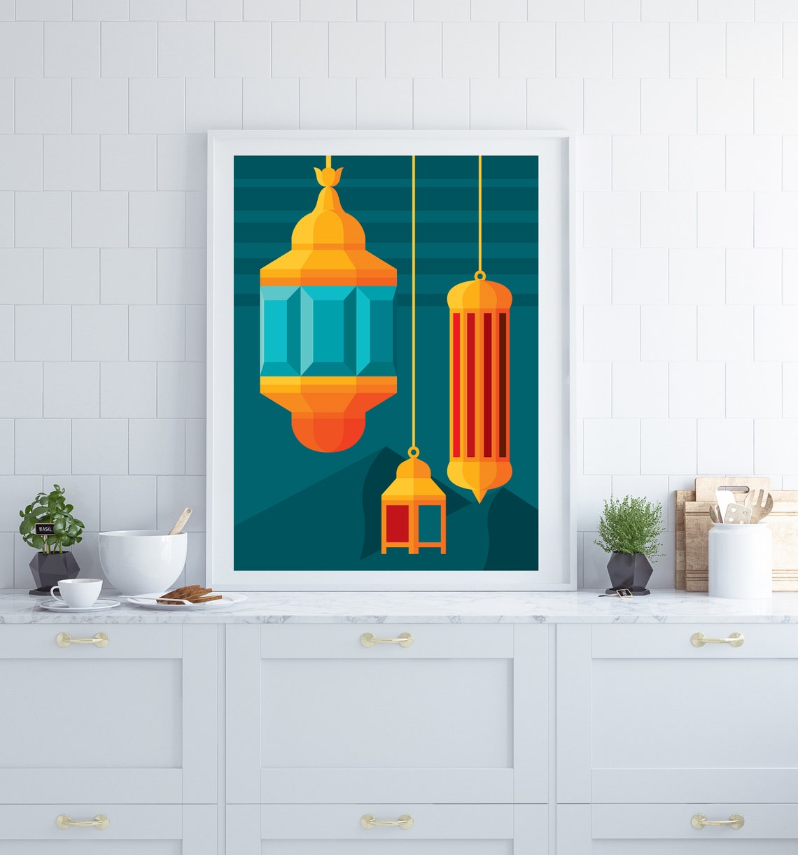 Marrakech Moroccan Lanterns Geometric Teal Boho Wall Poster Art - Image 3