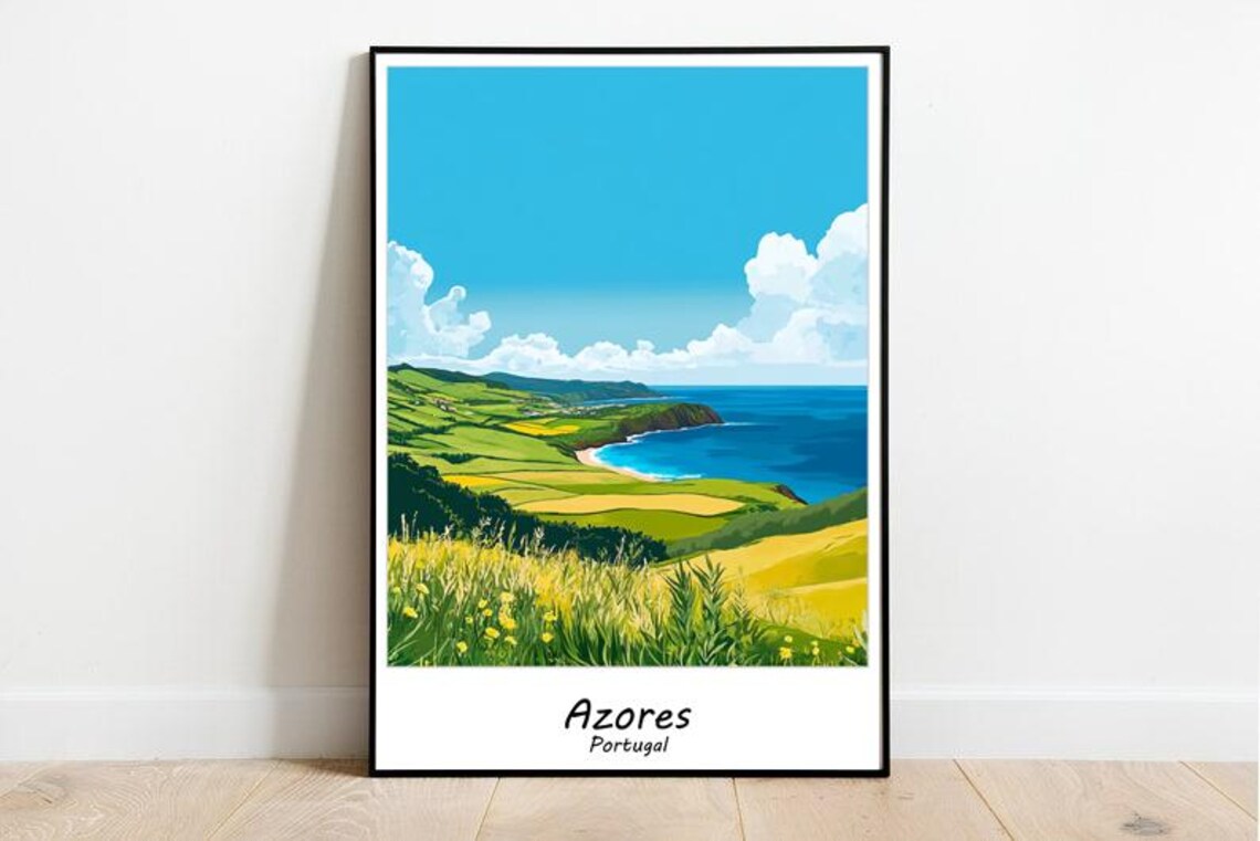 Azores Portugal Green Coastal Hills Atlantic View Travel Poster