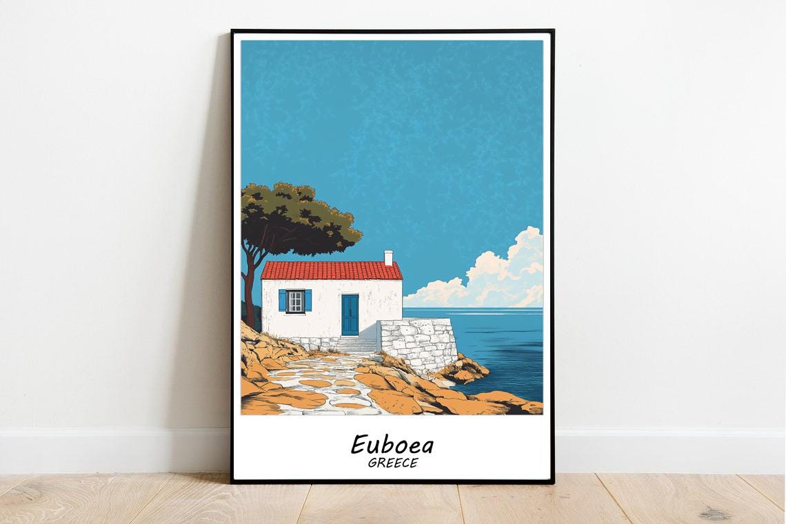 Euboea Greece Scenic Cliffside Villa Aegean Coast Travel Poster - Image 2