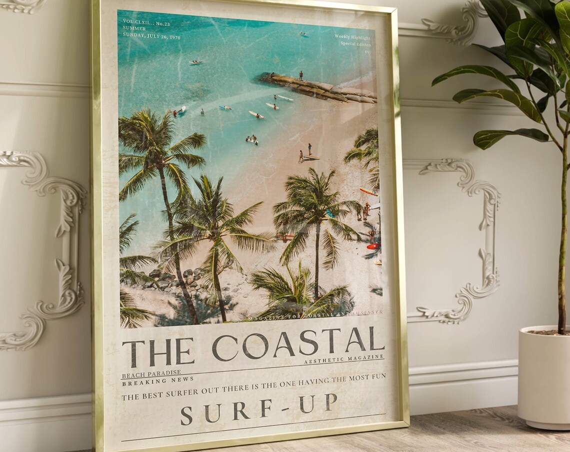 Blue Coastal Life Surf Up Vintage 70s Travel Poster