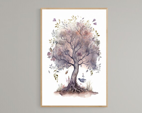 Lavender Blossom Tree With Bluebird Watercolor Zen Art Poster
