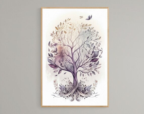 Mauve Tree Of Life With Butterfly Watercolor Botanical Poster