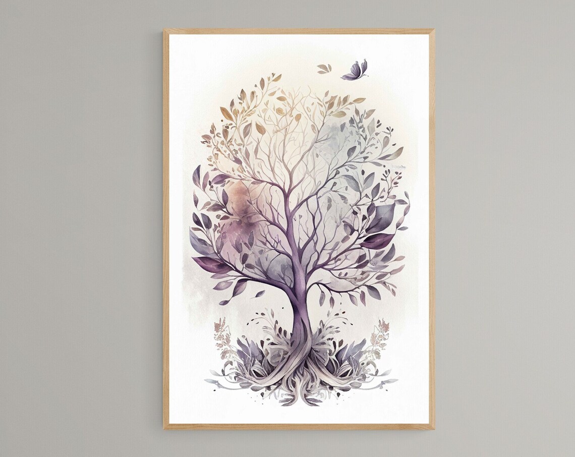Mauve Tree Of Life With Butterfly Watercolor Botanical Poster