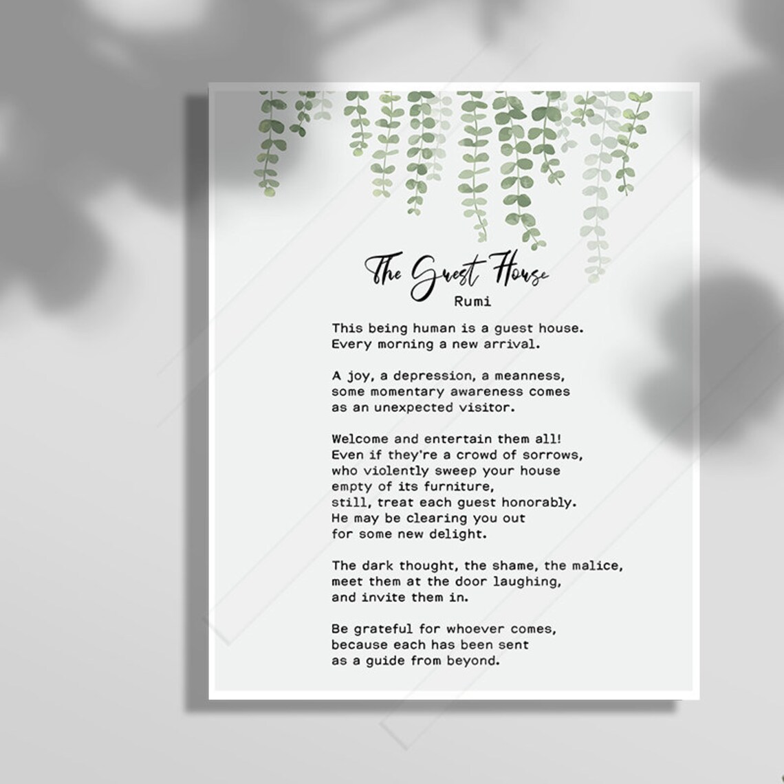 Rumi The Guest House Poem Print This Being Human Is A Guest House Green Eucalyptus Quote