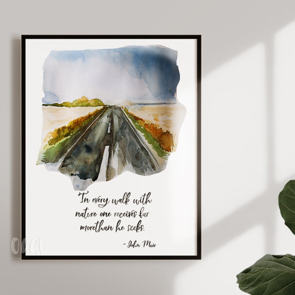 John Muir Walk With Nature Quote Print Watercolor Road Through Open Fields Wall Decor