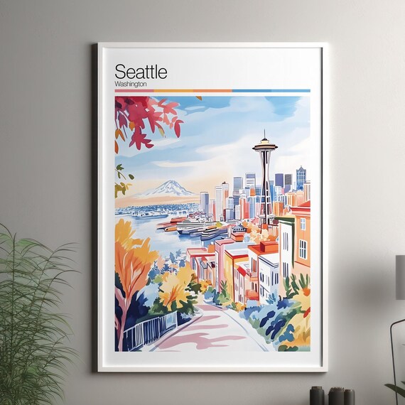 Seattle Washington Space Needle Watercolor Skyline Travel Poster